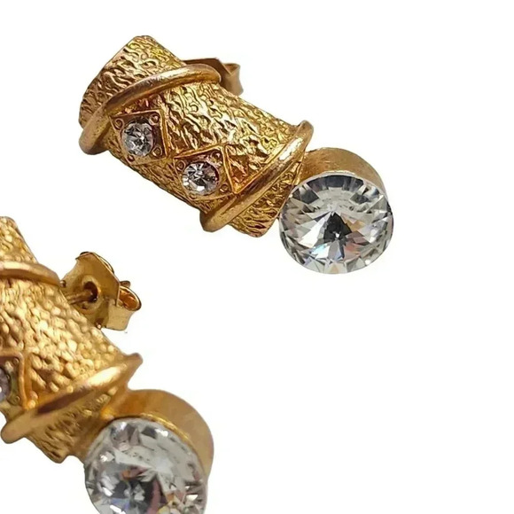 High End Runway 1980s Clear Rhinestone Crystal Earrings Gold Tone Vintage - Picture 3 of 5